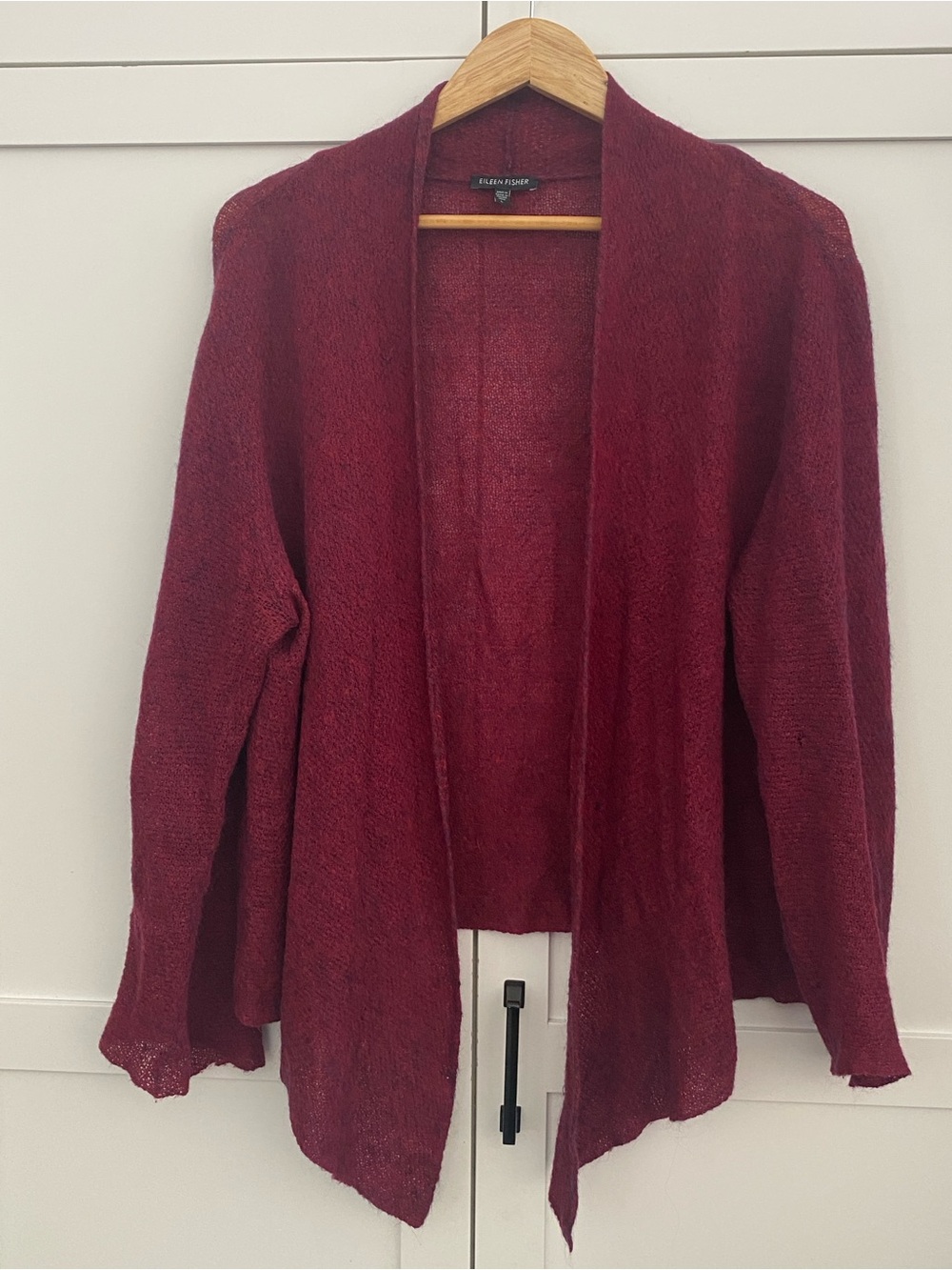 Eileen Fisher Open Drape Cardigan Wool Mohair Cashmere Blend Wine Large FLAWED